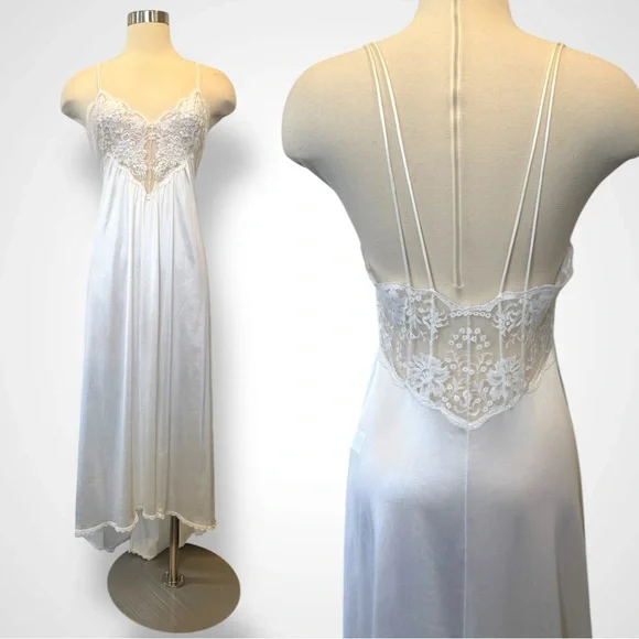 80s Victoria’s Secret Silky Nylon White Lace Vintage Bridal Maxi Gown Slip Dress - Picture 5 of 9